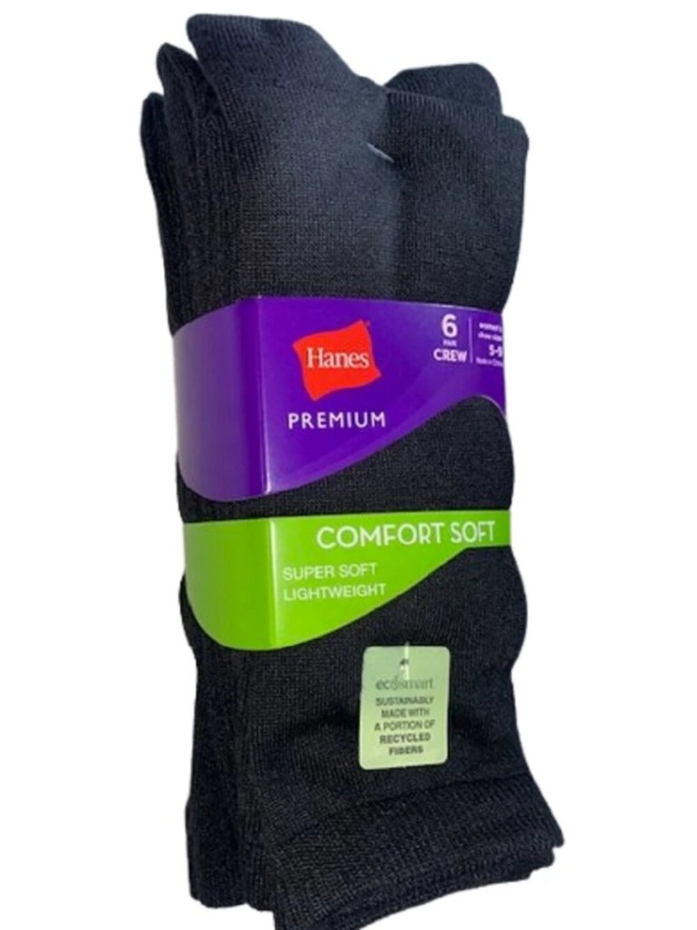 Hanes Premium 6 Pair Comfort Soft Womens Black Crew Socks SUPER SOFT Lightweight